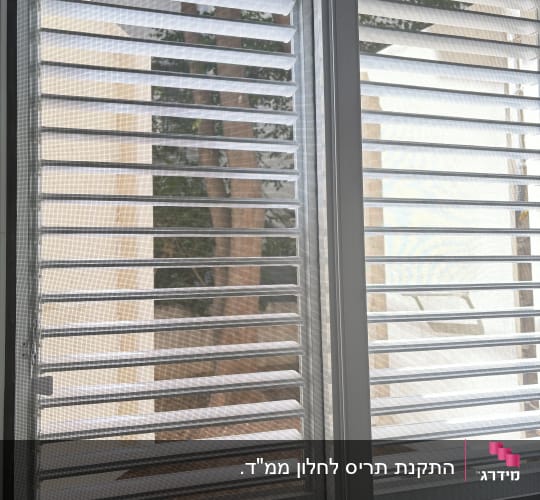 חלון אלומיניום לבן עם רשת יתושים ותריס